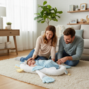Espreguiçadeira inteligente e calmante para bebês com mãos que fazem carinho.